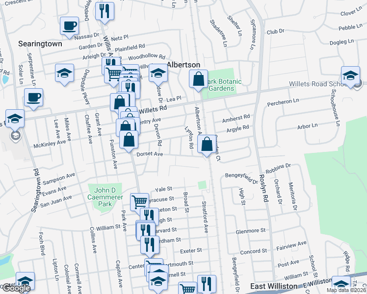 map of restaurants, bars, coffee shops, grocery stores, and more near 73 Lynton Road in Albertson