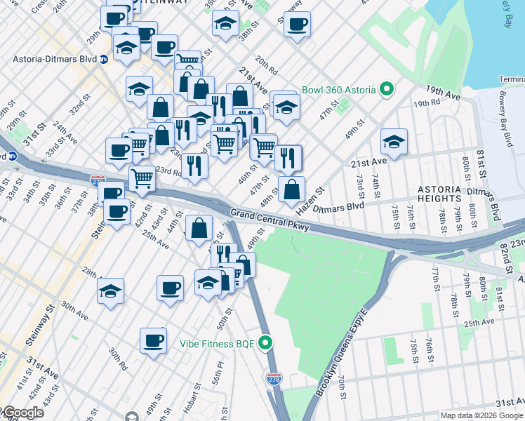 map of restaurants, bars, coffee shops, grocery stores, and more near 22-38 48th Street in Queens