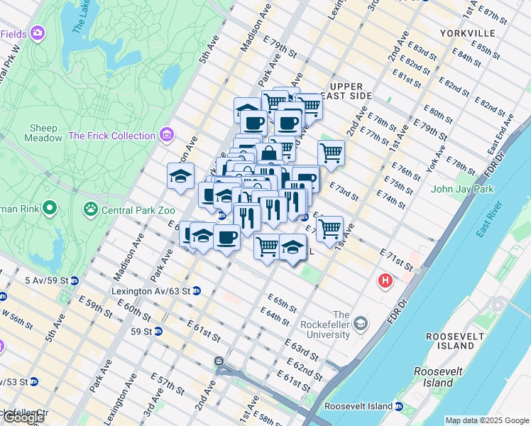 map of restaurants, bars, coffee shops, grocery stores, and more near 200 East 70th Street in New York