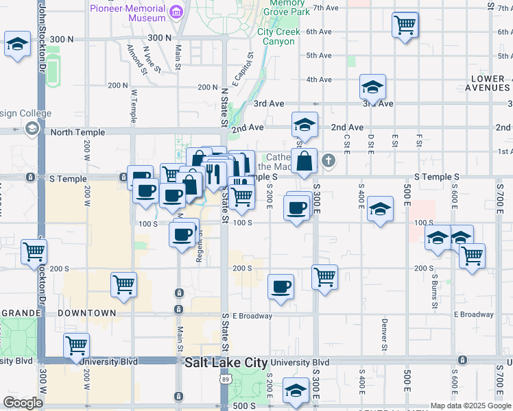 map of restaurants, bars, coffee shops, grocery stores, and more near 150 Social Hall Avenue in Salt Lake City