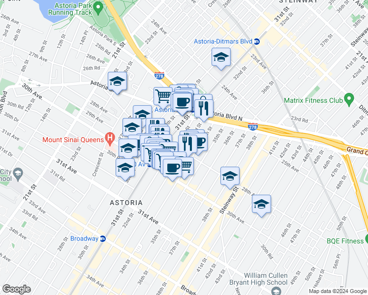 map of restaurants, bars, coffee shops, grocery stores, and more near 25-74 33rd Street in Queens