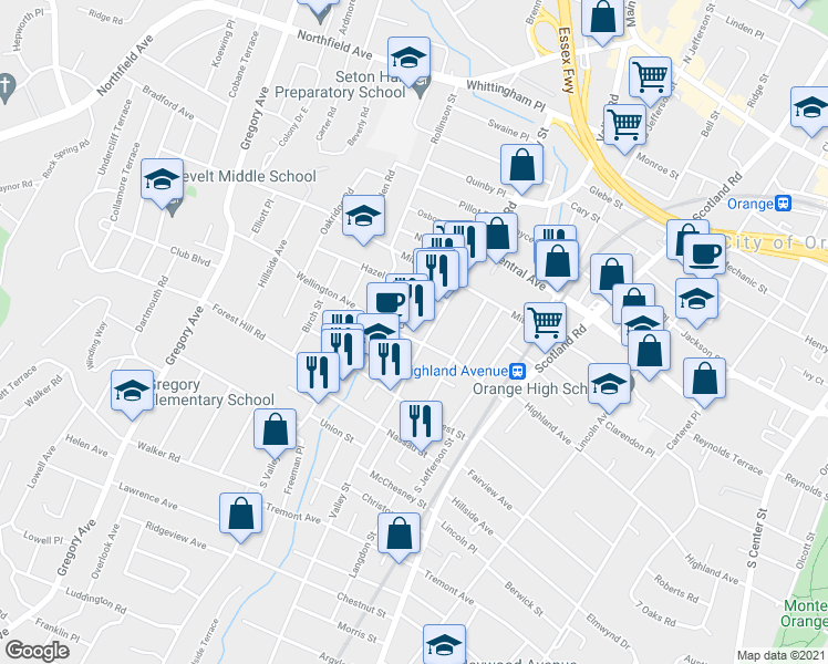 map of restaurants, bars, coffee shops, grocery stores, and more near 45 Freeman St in West Orange