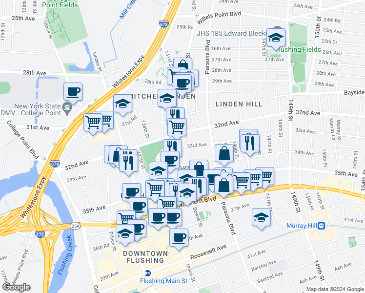 map of restaurants, bars, coffee shops, grocery stores, and more near Union St & 33rd Ave in Queens