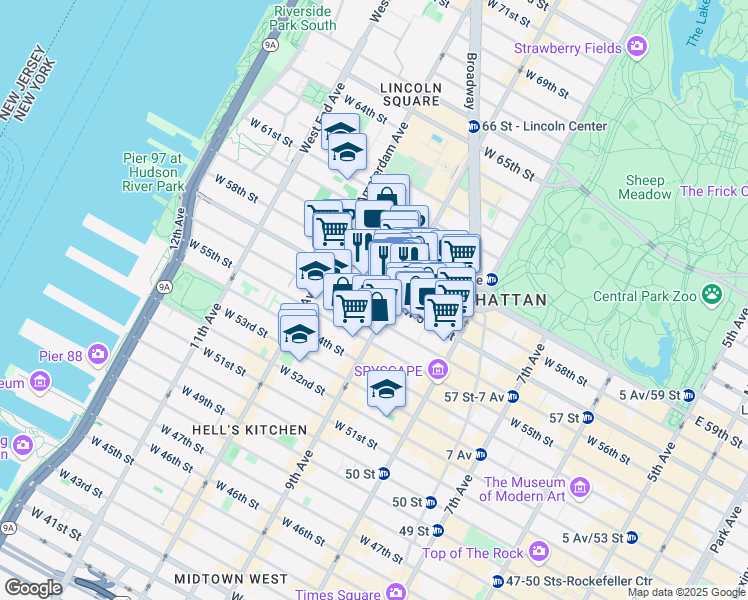 map of restaurants, bars, coffee shops, grocery stores, and more near 410 West 57th Street in New York