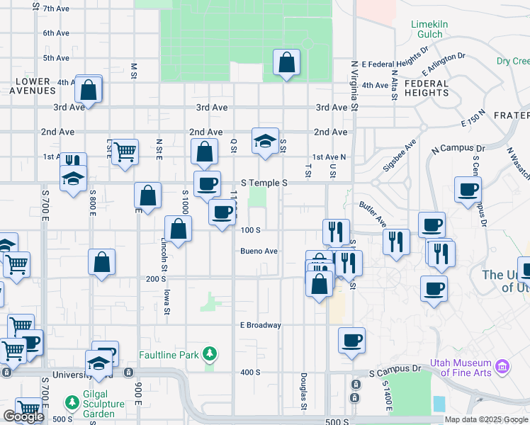 map of restaurants, bars, coffee shops, grocery stores, and more near 1160 East South Temple in Salt Lake City