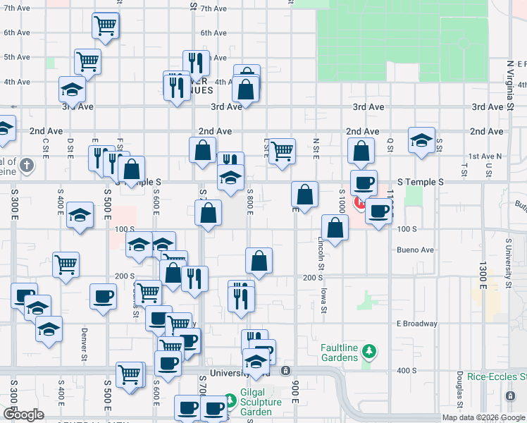 map of restaurants, bars, coffee shops, grocery stores, and more near 838 East South Temple Street in Salt Lake City