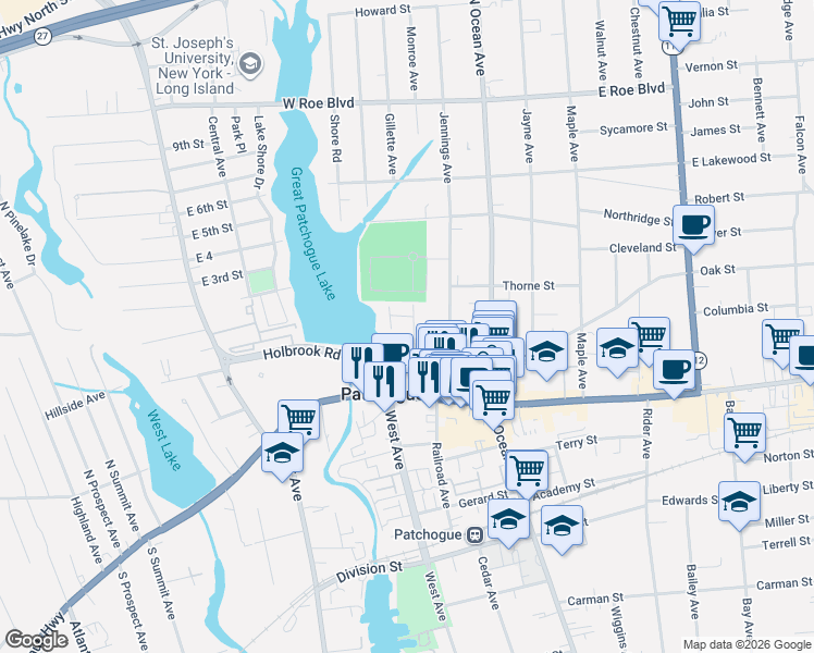 map of restaurants, bars, coffee shops, grocery stores, and more near 9 Lake Court in Patchogue