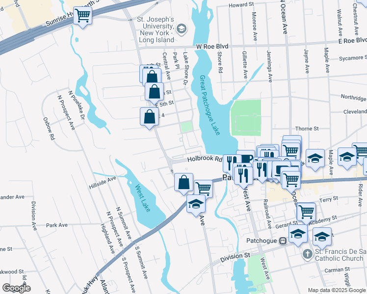 map of restaurants, bars, coffee shops, grocery stores, and more near 99 Waverly Avenue in Patchogue