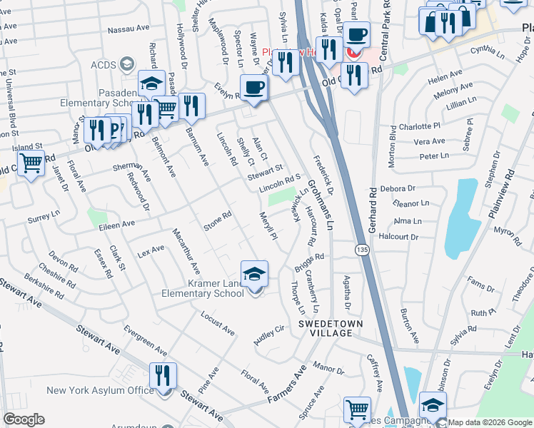 map of restaurants, bars, coffee shops, grocery stores, and more near 4 Argyle Road in Plainview