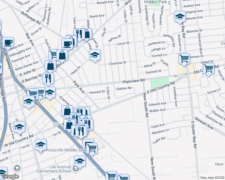 map of restaurants, bars, coffee shops, grocery stores, and more near 4 Gables Road in Hicksville