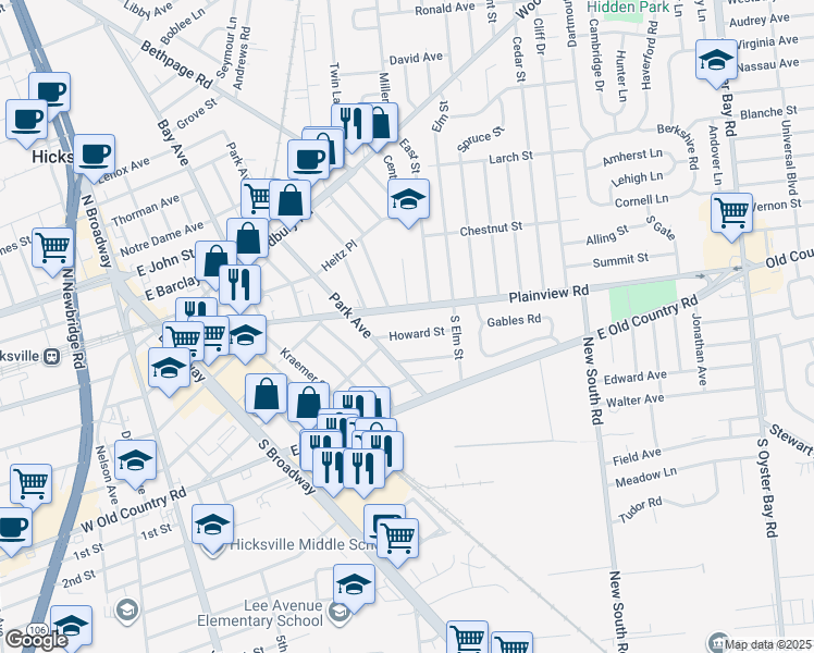 map of restaurants, bars, coffee shops, grocery stores, and more near 187 Plainview Road in Hicksville