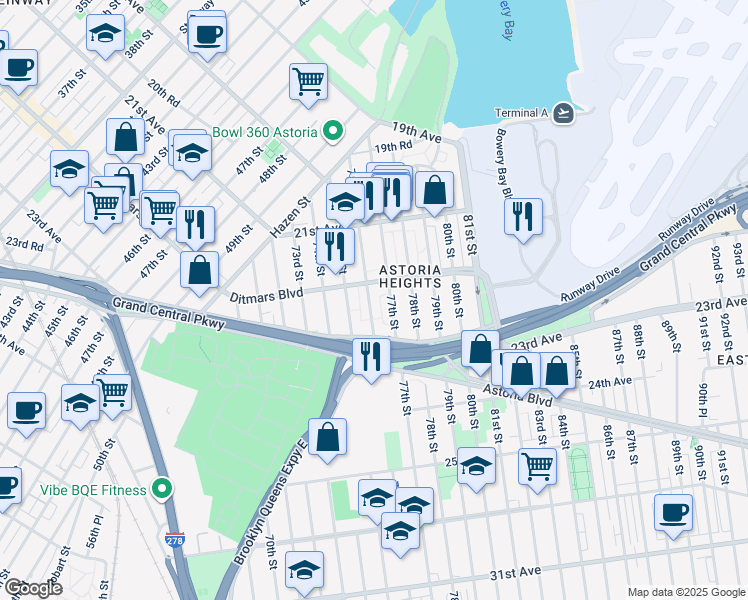 map of restaurants, bars, coffee shops, grocery stores, and more near in Queens