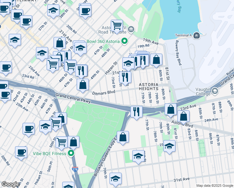 map of restaurants, bars, coffee shops, grocery stores, and more near 73-05 Ditmars Boulevard in Queens