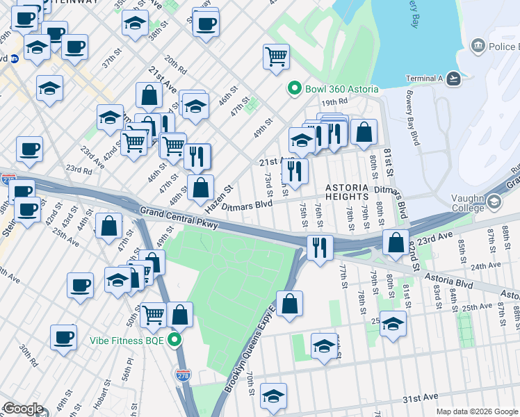 map of restaurants, bars, coffee shops, grocery stores, and more near 21-50 72nd Street in Queens