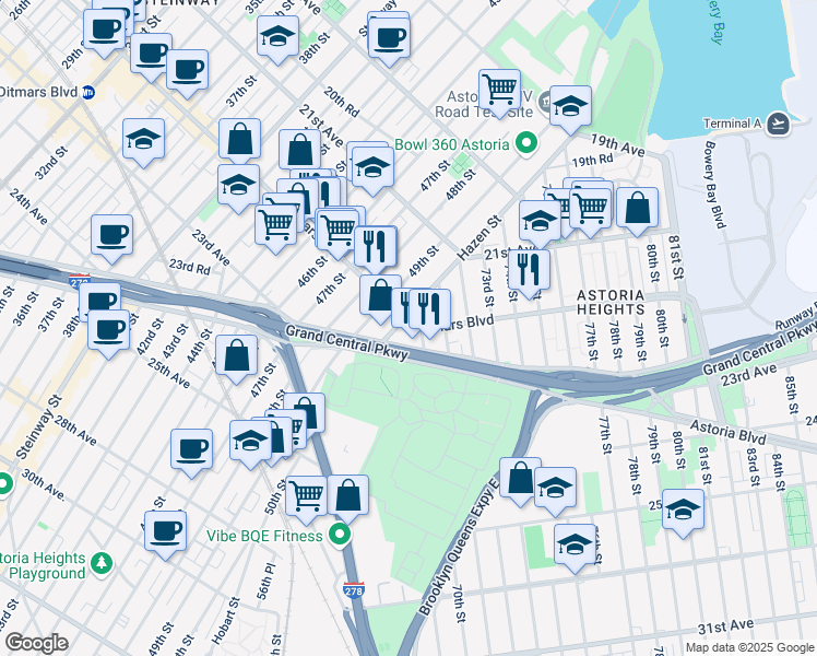map of restaurants, bars, coffee shops, grocery stores, and more near 21-63 Hazen Street in Queens