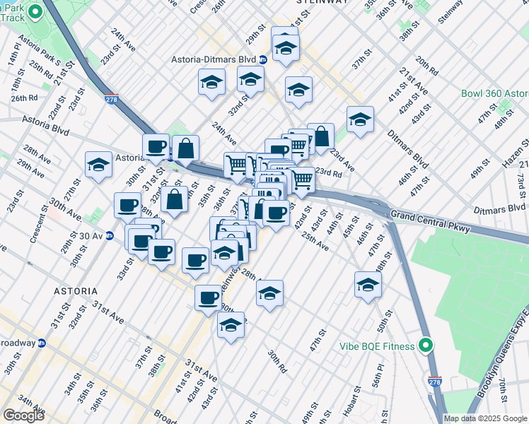 map of restaurants, bars, coffee shops, grocery stores, and more near 2512 Steinway Street in Queens