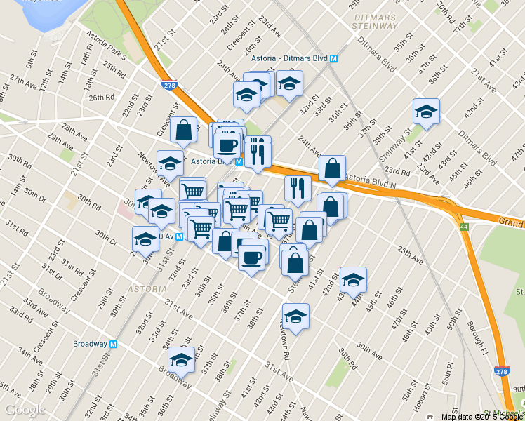 map of restaurants, bars, coffee shops, grocery stores, and more near 25-48 34th Street in Queens