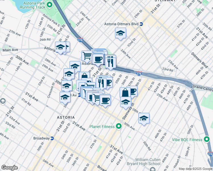 map of restaurants, bars, coffee shops, grocery stores, and more near 25-48 34th Street in Queens