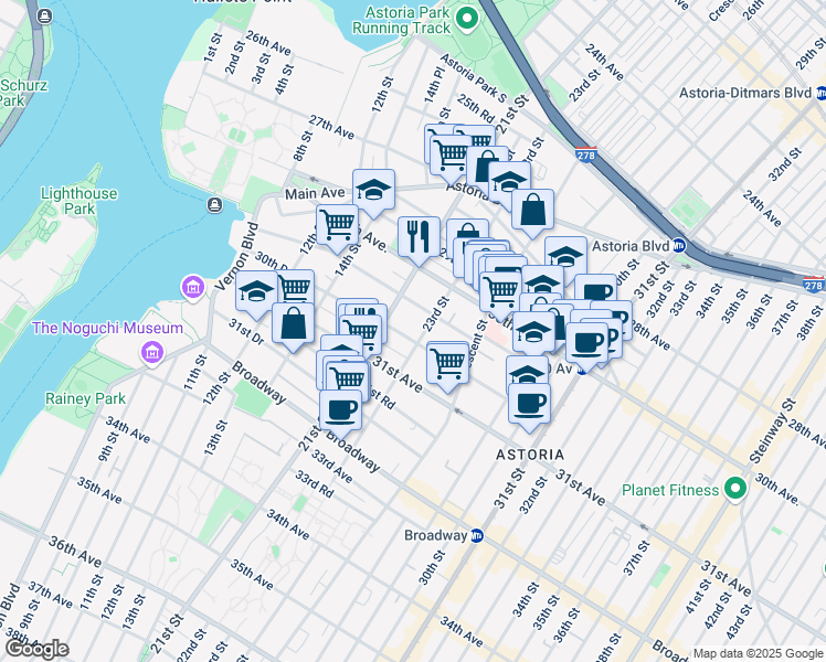 map of restaurants, bars, coffee shops, grocery stores, and more near 21-30 30th Road in Queens