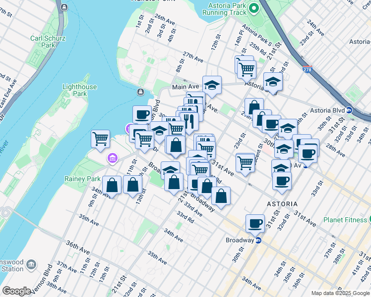 map of restaurants, bars, coffee shops, grocery stores, and more near 12-26 31st Avenue in Queens