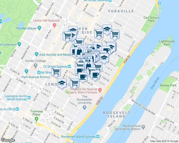map of restaurants, bars, coffee shops, grocery stores, and more near in New York