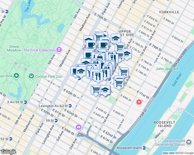 map of restaurants, bars, coffee shops, grocery stores, and more near 219 East 71st Street in New York