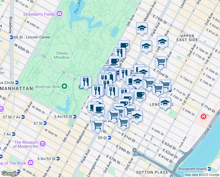 map of restaurants, bars, coffee shops, grocery stores, and more near 786 Madison Avenue in New York