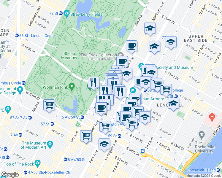 map of restaurants, bars, coffee shops, grocery stores, and more near 850 5th Avenue in New York