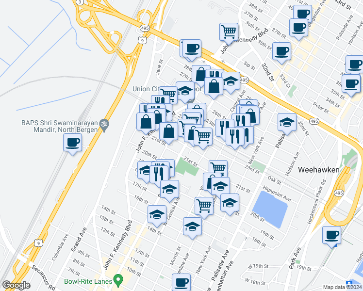 map of restaurants, bars, coffee shops, grocery stores, and more near 2207 Summit Avenue in Union City
