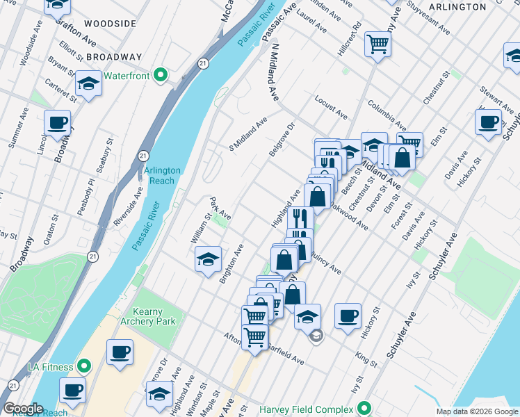map of restaurants, bars, coffee shops, grocery stores, and more near 30 Pavonia Avenue in Kearny