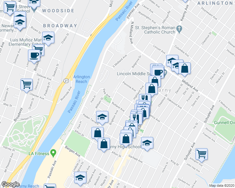 map of restaurants, bars, coffee shops, grocery stores, and more near 502 Belgrove Drive in Kearny