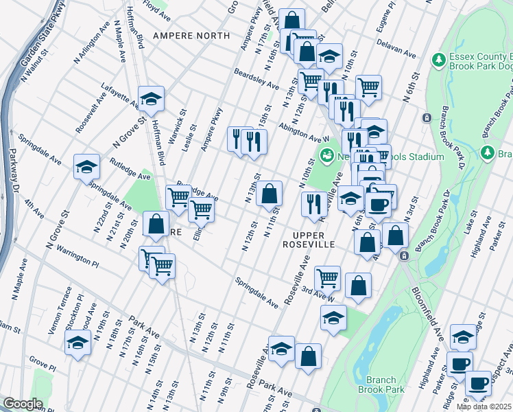 map of restaurants, bars, coffee shops, grocery stores, and more near 340 North 12th Street in Newark