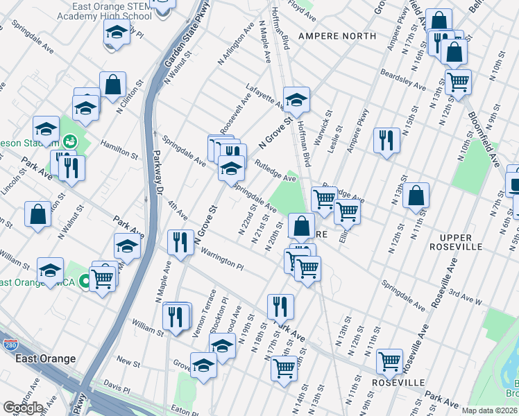 map of restaurants, bars, coffee shops, grocery stores, and more near 164 Springdale Avenue in East Orange