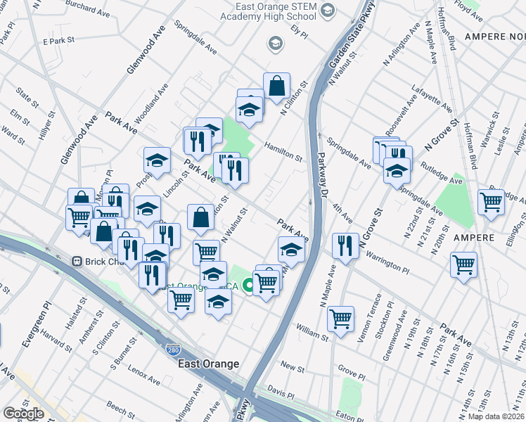 map of restaurants, bars, coffee shops, grocery stores, and more near 204 North Walnut Street in East Orange