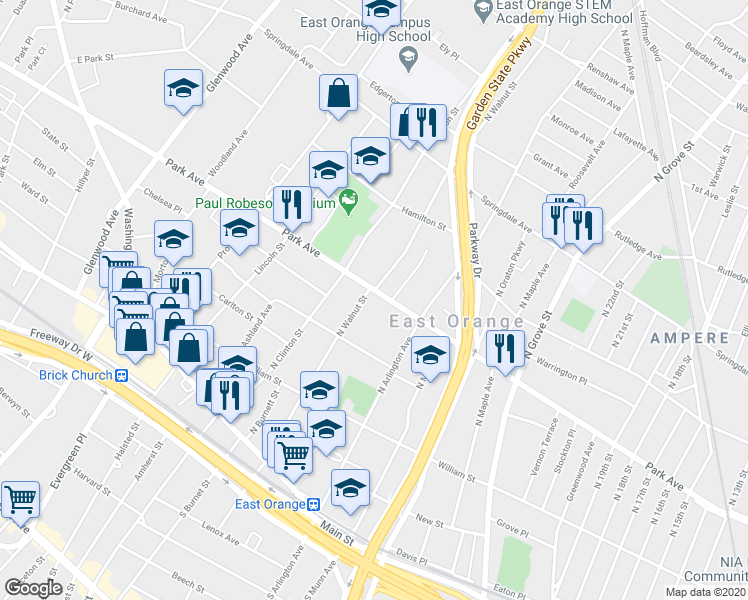 map of restaurants, bars, coffee shops, grocery stores, and more near 204 North Walnut Street in East Orange