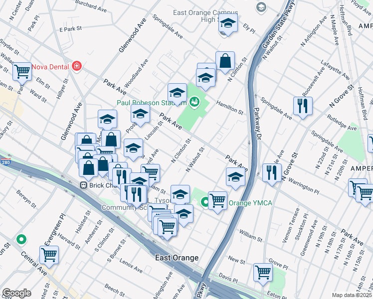 map of restaurants, bars, coffee shops, grocery stores, and more near 413 Park Avenue in East Orange