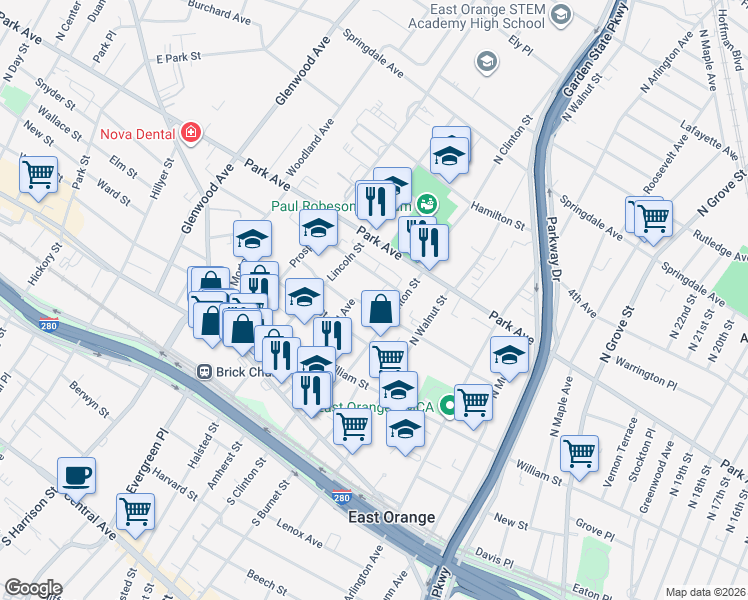 map of restaurants, bars, coffee shops, grocery stores, and more near 122 Summit Street in East Orange
