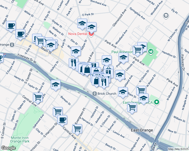 map of restaurants, bars, coffee shops, grocery stores, and more near 22 Washington Street in East Orange