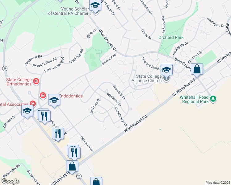 map of restaurants, bars, coffee shops, grocery stores, and more near 3070 Sheffield Drive in State College