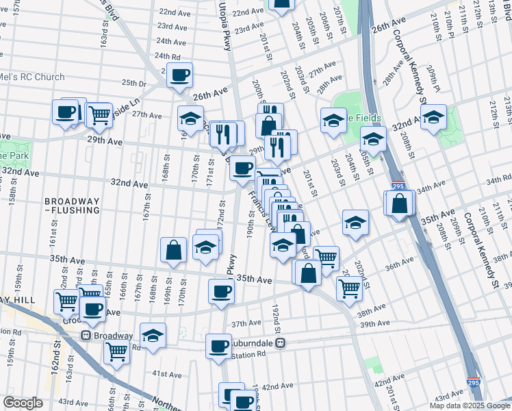 map of restaurants, bars, coffee shops, grocery stores, and more near 198-11 32nd Road in Queens