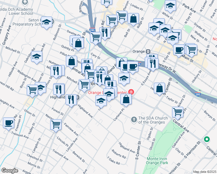 map of restaurants, bars, coffee shops, grocery stores, and more near 433 Central Avenue in City of Orange