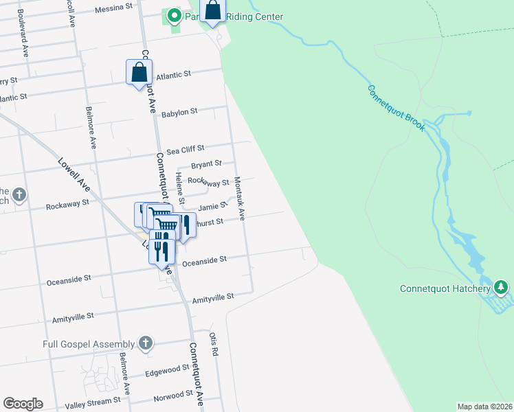 map of restaurants, bars, coffee shops, grocery stores, and more near 953 Montauk Avenue in Islip Terrace