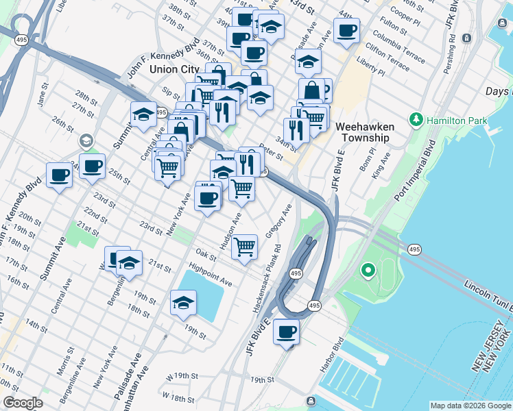 map of restaurants, bars, coffee shops, grocery stores, and more near 562 Hudson Avenue in Weehawken
