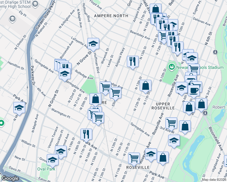 map of restaurants, bars, coffee shops, grocery stores, and more near 60 Ampere Parkway in East Orange