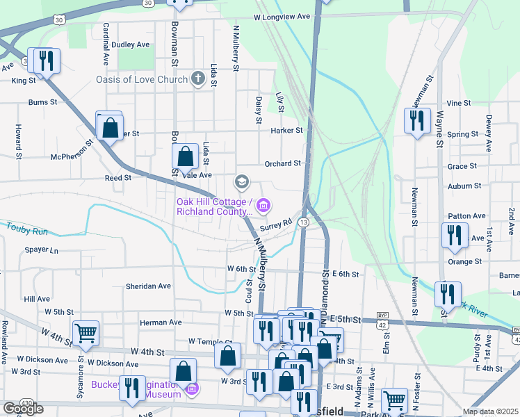 map of restaurants, bars, coffee shops, grocery stores, and more near 310 Springmill Street in Mansfield