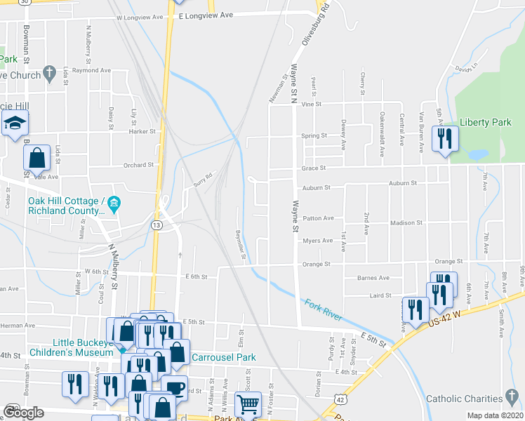 map of restaurants, bars, coffee shops, grocery stores, and more near 357 Newman Street in Mansfield