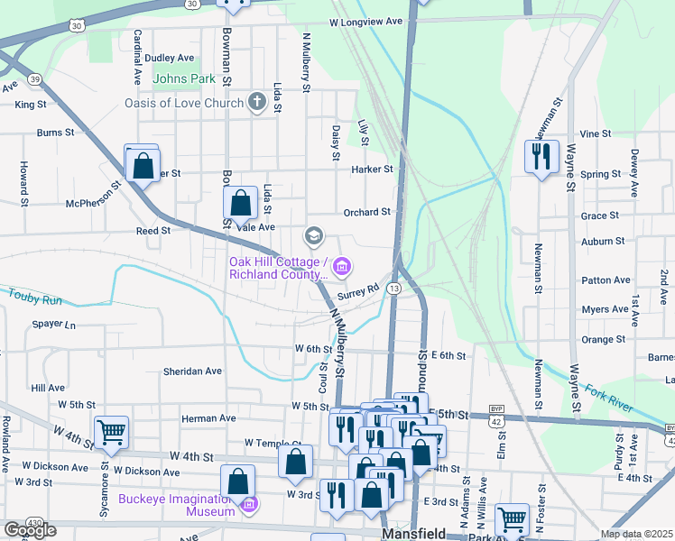 map of restaurants, bars, coffee shops, grocery stores, and more near 310 Springmill Street in Mansfield