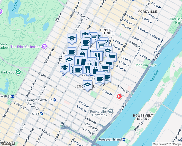 map of restaurants, bars, coffee shops, grocery stores, and more near 1345 2nd Avenue in New York
