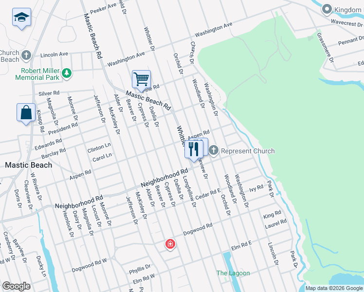 map of restaurants, bars, coffee shops, grocery stores, and more near 123 Whittier Drive in Mastic Beach