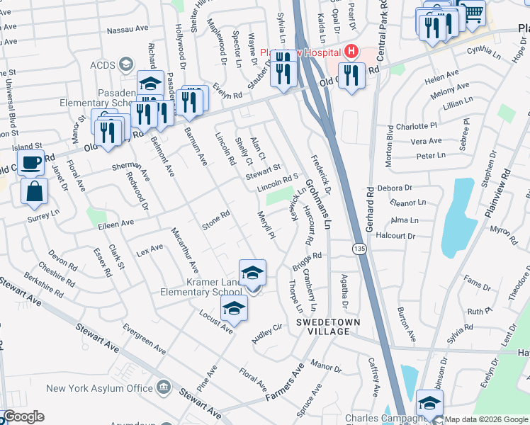 map of restaurants, bars, coffee shops, grocery stores, and more near 4 Argyle Road in Plainview